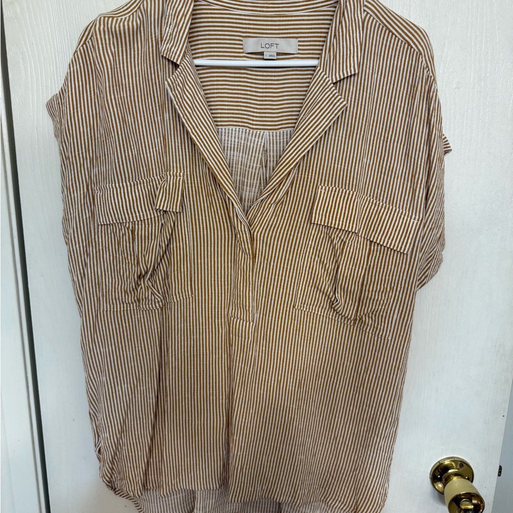 LOFT Women's Button Down Striped Shirt - Tan and White
